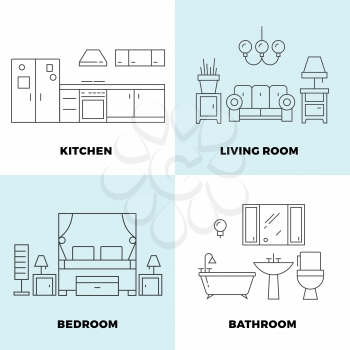 Thin line rooms concepts - apartment concept design. Furniture for home rooms. Vector illustration