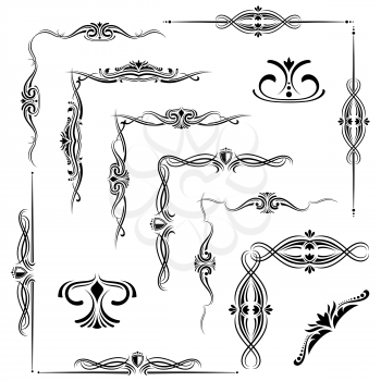 Flourish decorative elements, ornament borders isolated on white. Vector illustration