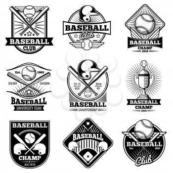 Vintage baseball vector labels and emblems. Baseball label design for school league illustration