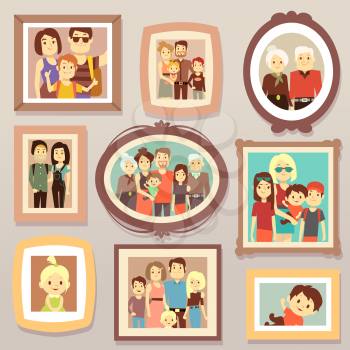 Big family smiling photo portraits in frames on wall vector illustration. Family portrait frame, mother and father, happy family