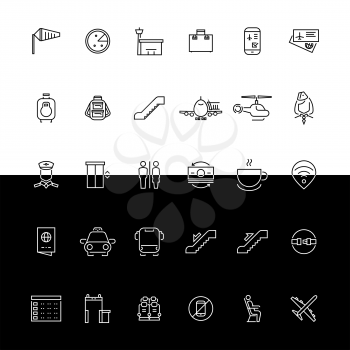 Vector airport line icons - black and white concept. Helicopter and airplane illustration
