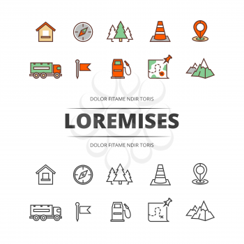 Travel, highway traffic, location outline and colorful icons. Vector illustration