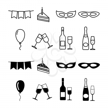 Birthday party icons collection - party silhouette and line icons set. Vector illustration