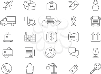 Import and export logistics, shipping and goods delivery, cargo line icons. Delivery and export transportation container, warehouse and distribution logistics illustration