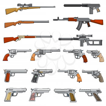 Various rifle, guns and pistols cartoon vector weapons icons. Collection of pistol and gun, shotgun and handgun illustration