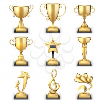Realistic golden trophy cups and sports awards vector set. Triumph sport award and prize, winner trophy gold cup illustration