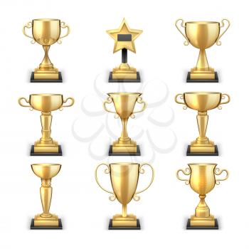 Winning golden trophy cups and sports awards vector collection isolated on white background. Cup golden achievement, victory and prize sport illustration