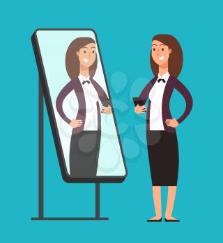 Happy smiling narcissistic confident businesswoman looking at reflection in mirror. Self love vector concept. Illustration of woman in mirror reflection, fashion and attractive person