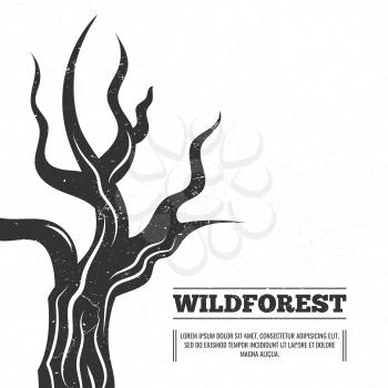 Grunge background black white. Wild old tree silhouette vintage poster. Vector illustration