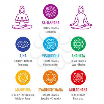 Human energy chakra system, ayurveda love asana icons set. Vector illustration
