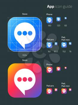 Smart phone app vector mobile os icon templates with guidelines. User guide app web icon, mobile application button illustration