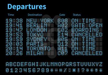Departures and arrivals airport digital board vector template. Airline scoreboard with led letters and numbers. Airport display digital, scoreboard panel board illustration