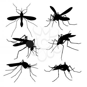 Closeup mosquito silhouettes isolated. Flying macro mosquitoes vector set. Illustration of insect mosquito, parasite bloodsucker