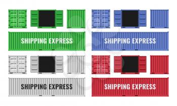 Red, blue, white and green shipping cargo metal containers. Customs port logistics vector icons. Cargo freight, shipping industrial box illustration