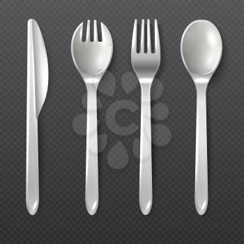 Realistic disposable white plastic spoon, fork and knife vector isolated cutlery. Illustration of plastic tool for dining, tableware knife fork and spoon