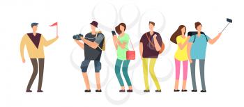 Tourists with guide on travel tour. Travelling people with family on vacation vector concept. Illustration of tour guide, vacation traveler people