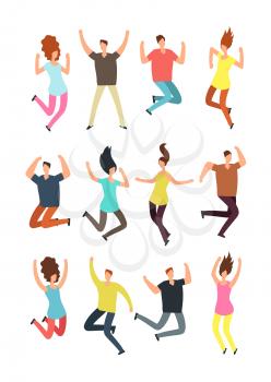 Happy jumping people. Excited man and woman in jump. Flying persons vector characters isolated. Illustration of man woman jumping, happy and cheerful