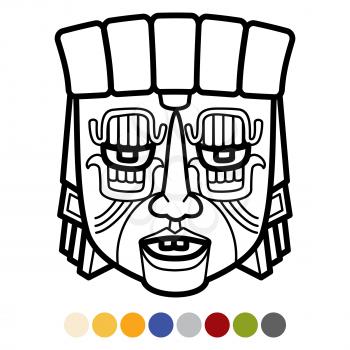 Indian aztec, african, mexican tribal mask coloring page with color samples. Vector illustration