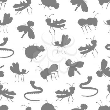 Insect grey silhouettes on white seamless background pattern design. Vector illustration