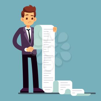 Businessman or male lawyer reading long paper list. Business questionnaire and document report vector concept. Paper list document, cartoon worker unhappy illustration