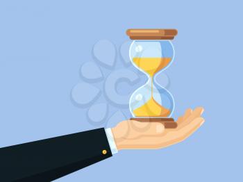 Cartoon businessman hand holding antique hourglass. Time management vector business concept with sand clock. Hourglass countdown in hands businessman, deadline and timer illustration