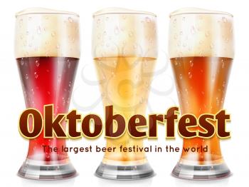 Realistic glasses of beer vector illustration. Oktoberfest banner template isolated on white background