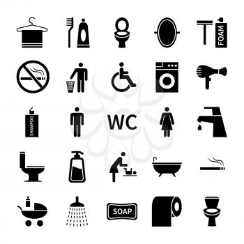 Wc toilet icons. Restroom and bathroom vector silhouette symbols. Set of washroom icon, foam and soap illustration