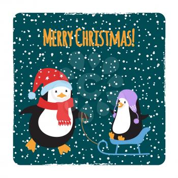Cute cartoon family penguins Christmas cards design isolated on white. Vector illustration