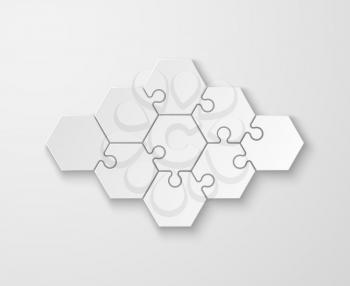 Puzzle pieces. White blank thinking puzzles, jigsaw. Process and step abstract infographic, comparing tab vector template. Piece and puzzle teamwork, solution and logic, fragment complete mosaic