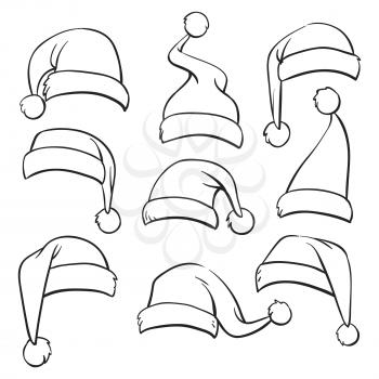 Santa hats sketch set isolated on white background. Vector illustration