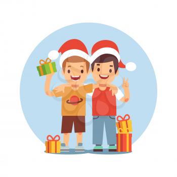 Two cartoon boys celebrate Christmas and New Year on white background. Vector illustration