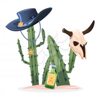 Wild west cartoon vector illustration. Cactus bull skull, drink isolated on white background
