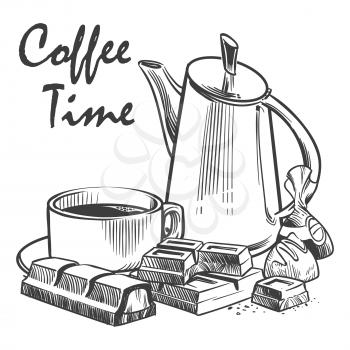 Hand drawn coffee time vector illustration. Cup of coffee, chocolate, praline and pot isolated on white background
