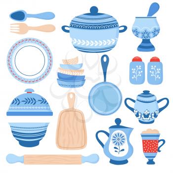 Crockery ceramic cookware. Blue porcelain bowls, dishes and plates. Kitchen tools vector collection. Illustration of cookware and pot, plate and jug illustration