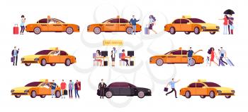 People and taxi. Cab drivers passenger and car in ride. Taxi service isolated icons. Taxi service car, transportation customer illustration
