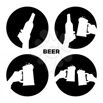 Vector beer icons of set. Black and white beer in hands silhouettes isolated illustration monochrome