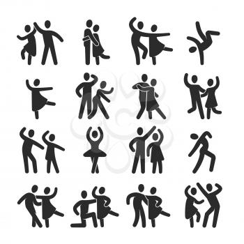 Happy dancing people icons. Modern dance class vector silhouette symbols. Illustration of dance people, female and male, monochrome dancer performance