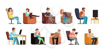 Sedentary man and woman on couch watching tv, phone, reading. Lazy lifestyle cartoon vector characters isolated. Illustration of relaxing armchair, read and watch to mobile