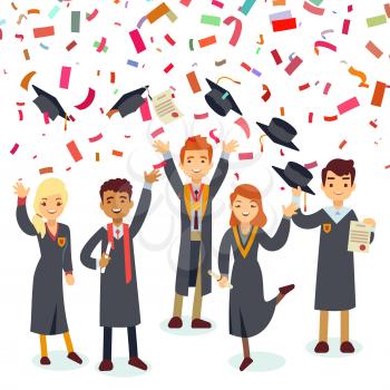 Smiling graduates and colorful confetti rain. Vector graduation school, student graduate college illustration