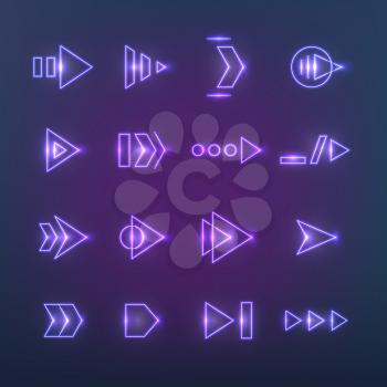 Directional neon holographic arrows. Pointers, navigation arrow with luminosity effect. Future tech hud cyber ui vector set. Glowing bright pointer, electric illuminated illustration