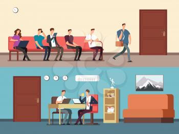 Business people, employees sitting on chairs in row, waiting interview. Contender and interviewer at desk. Recruitment vector concept. Recruitment employee, people candidate illustration