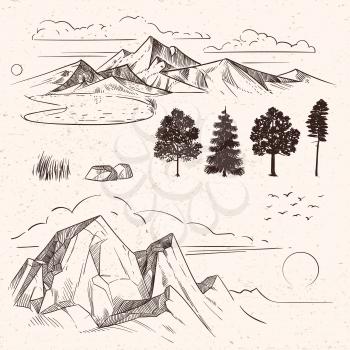 Hand drawing mountain range, peaks clouds, sun and forest trees on dirty grunge background. Vector illustration