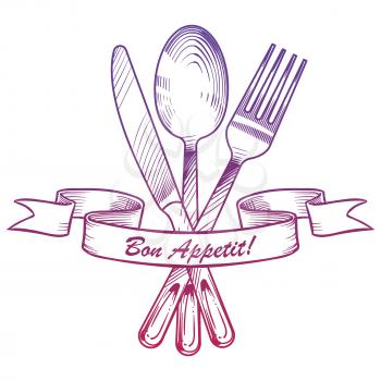 Hand drawn knife, fork, spoon and vintage ribbon. Elegant cutlery serving vector illustration