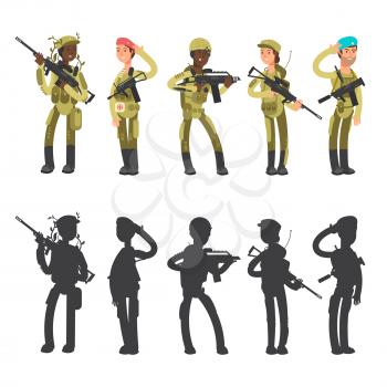 International army soldiers. Silhouettes of military man and woman, cartoon characters vector illustration