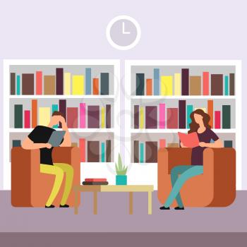 College students prepare for exams in library. Boy and girl reading books vector illustration