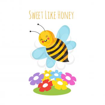 Cartoon flying bees. Cute bee and flower. Honeybee vector background. Insect cartoon, bumblebee and colored flowers illustration
