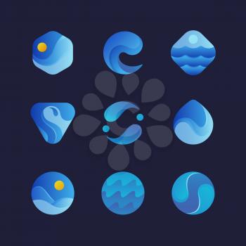 Sea water waves logos, blue wave splash abstract emblems. Isolated vector set. Sea wave curve, splash ocean emblem illustration