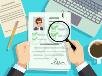 Job interview concept. Businessman cv resume, work evaluation vector background. Cv candidate, job resume, personnel resume illustration