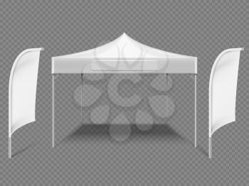 White promotional advertising outdoor event tent with beach flags. 3d realistic vector mock up isolated on transparent background. Illustration of marquee folding, tent outdoor