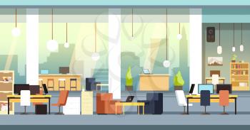 Coworking interior. Empty open space office, workspace vector background. Workspace and workplace center, business space coworking illustration